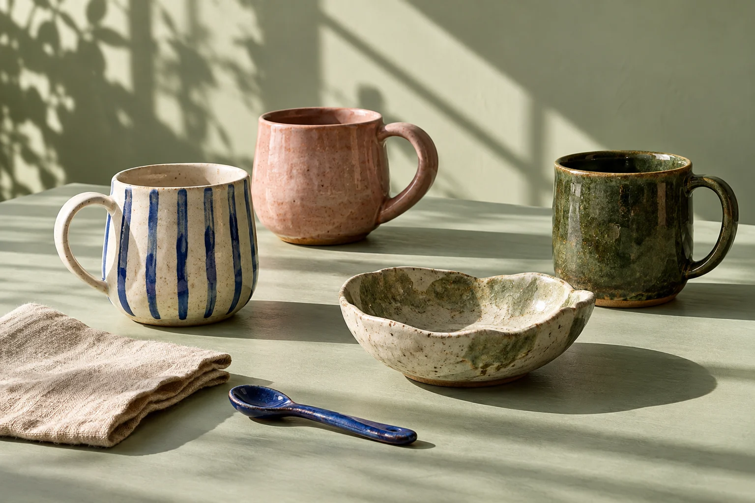 Handcrafted ceramic mugs in blue, clay pink and moss green