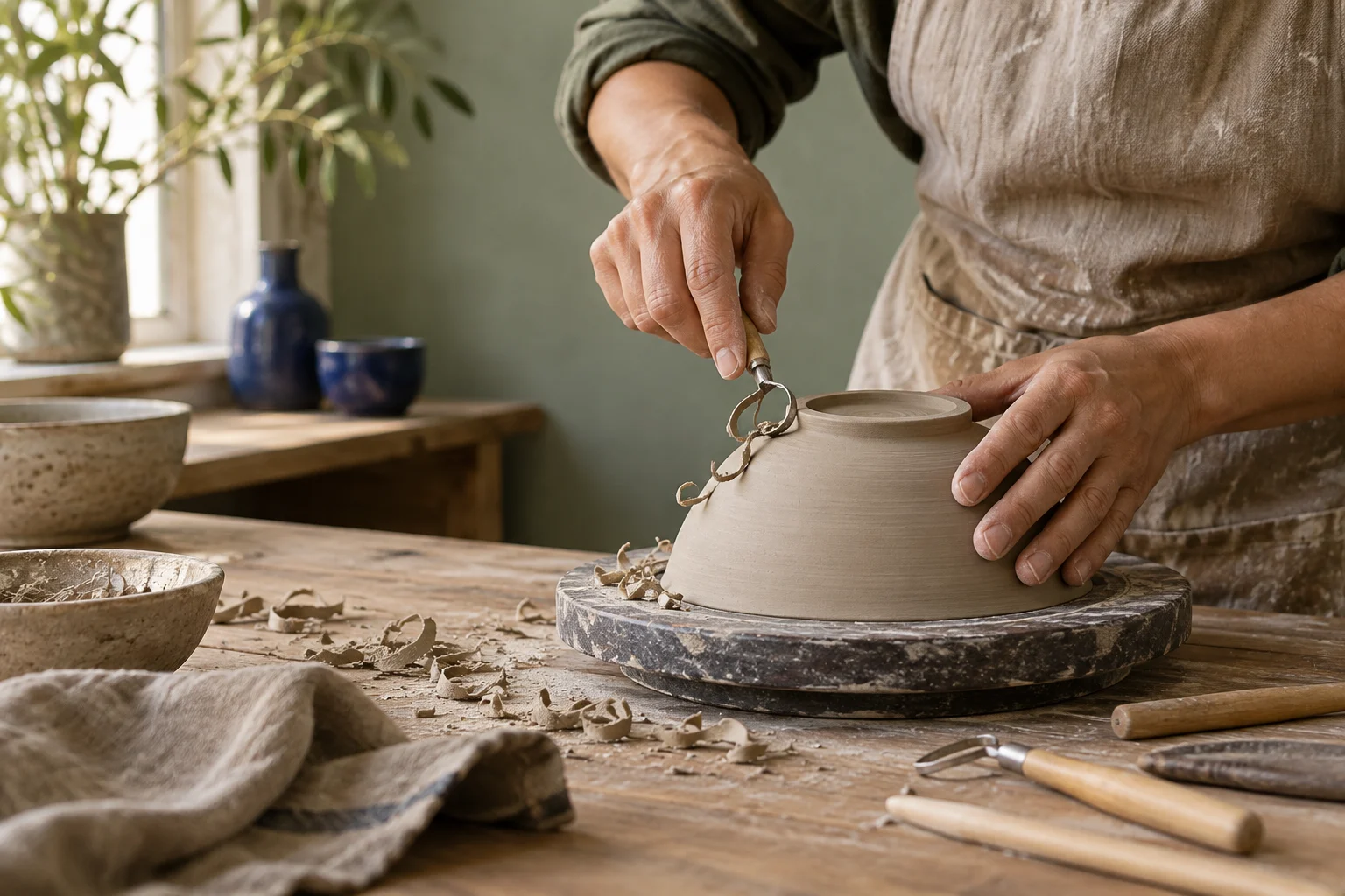 An artisan carefully shaping a ceramic bowl at a studio workbench